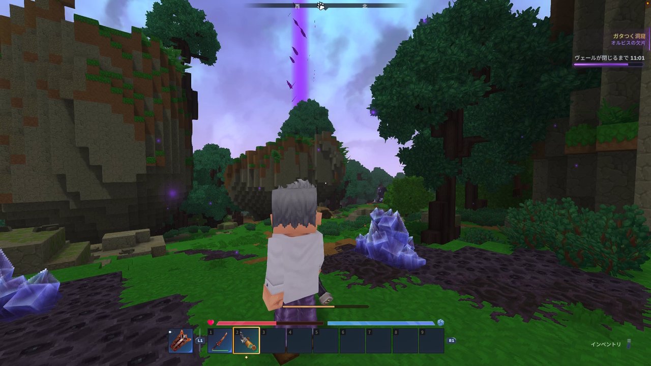The purple pillar marking the Voidtaken Grizzly hunt inside a Goblin Breach